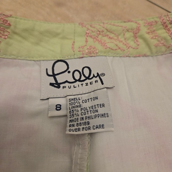 LILLY PULITZER women's size 8 cotton capris pants green pink embroidered palms - Picture 3 of 7